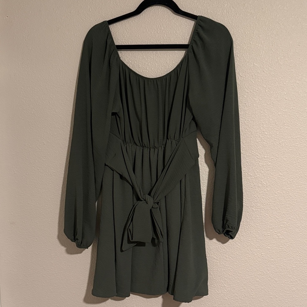 Large Altar'd State Olive Green Long Sleeve Flowy Dress with Back Tie - Picture 6 of 7